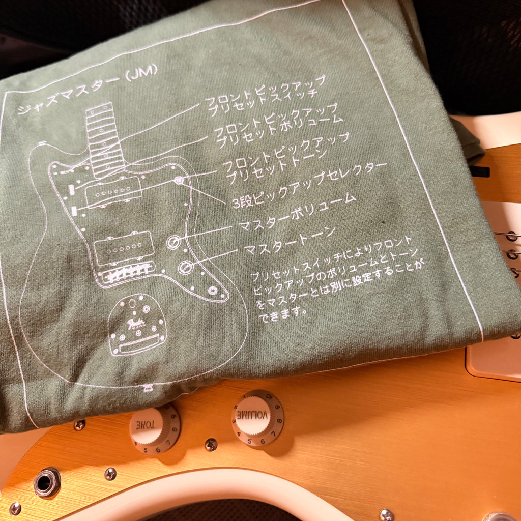 Green fabric with a white diagram of a guitar's control layout on an electric guitar