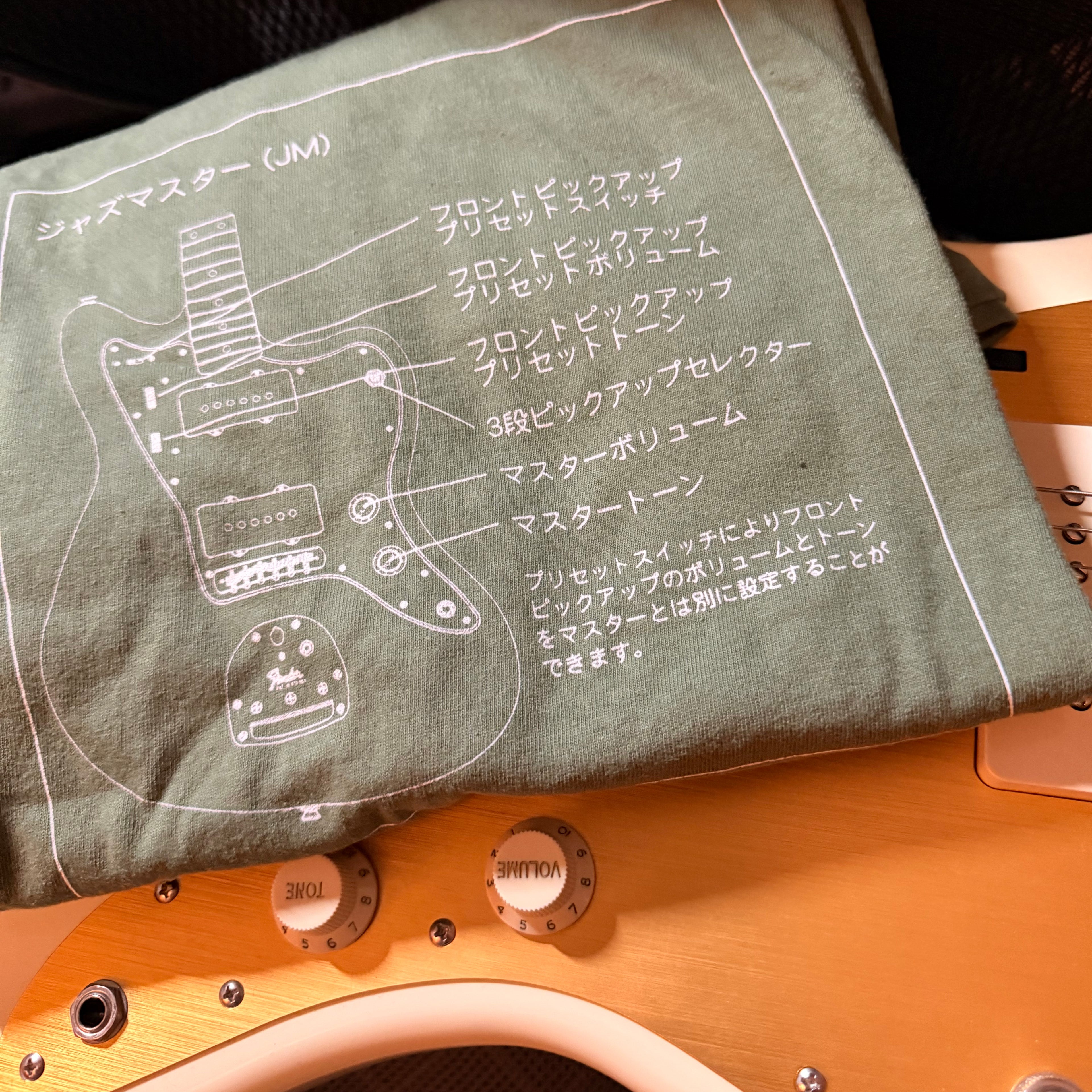 Green fabric with a white diagram of a guitar's control layout on an electric guitar